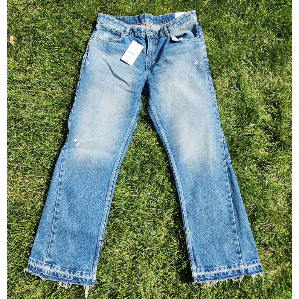 Zara Flare Fit Jeans Womens 36 Blue Cotton Mid Rise Baggy Distressed Raw Hem NEW